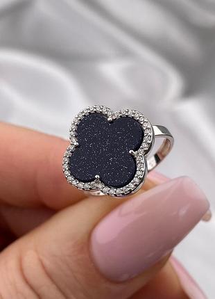 Серебряное женское кольцо клевер каирская ночь 925 проба 18.5