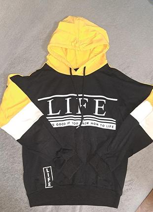 Худі чоловіче двоколірне з капюшоном та принтом life