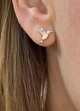 Серебряные серьги с золотой вставкой колибри 925 / 375 проба