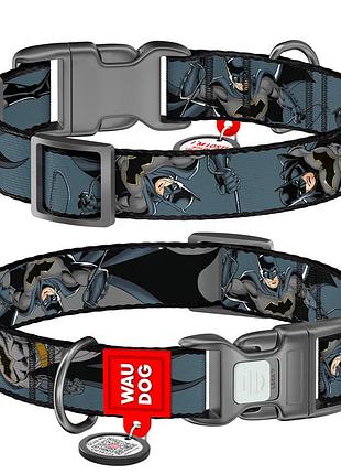 Ошейник для собак нейлоновый waudog nylon с qr паспортом, рисунок "тень бэтмена", пластиковый фастекс, s, ш 15 мм, дл 25-35 см