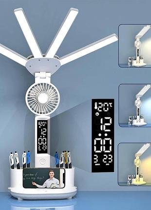 Аккумуляторная led лампа / настольная лампа 3в1 с аккумулятором 3200мач и usb дисплеем / аккумуляторная led лампа-органайзер с вентилятором и часами