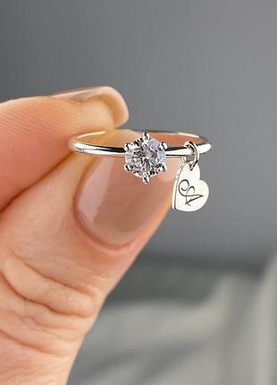Серебряное женское кольцо с любой буквой сердечко 925 проба