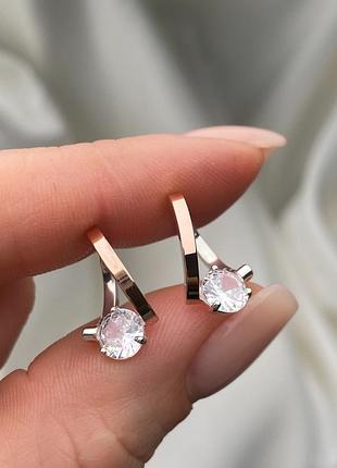 Серебряные серьги с золотыми пластинами 925 / 375 проба с большим фианитом