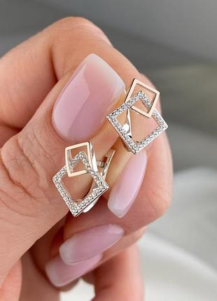 Серебряные серьги с золотыми пластинами ромб 925/375 проба