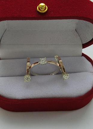 Серебряное кольцо и сережки 925 пробы с золотыми пластинами 375 пробы