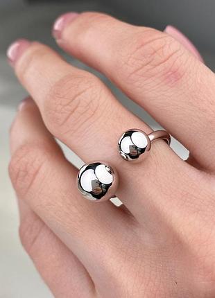 Серебряное женское кольцо открытое с двумя шариками 925 проба