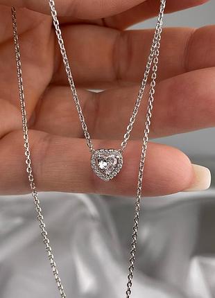 Серебряное женское колье сердце с фианитами 925 проба