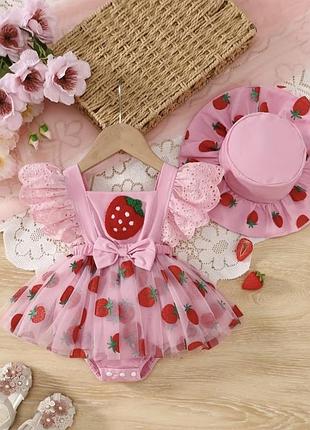 Сукня боді для дівчаток з полуничками, рожева, розмір 6-9 місяців (74)