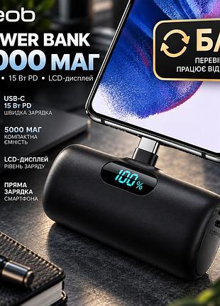 Б\в power bank feob 5000 маг usb-c 15 вт pd, міні зовнішній акумулятор з lcd-дисплеєм, пряма зарядка смартфона, чорний