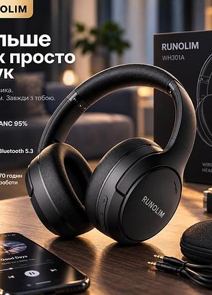 Беспроводные наушники runolim wh301a bluetooth 5.3, anc 95%, hi-fi, микрофон, 70 часов работы, 3,5 мм, черные