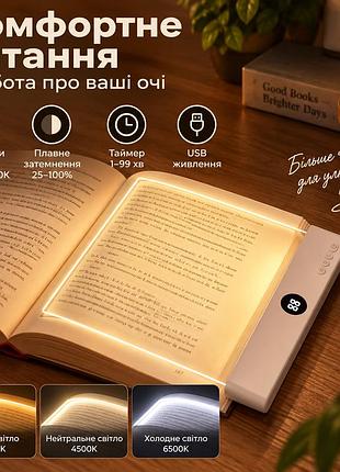 Уценка плоская лампа для чтения книг usb, 3 цвета 3000–6500k, плавное затемнение 25–100%, таймер 1–99 мин, белая