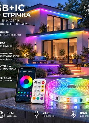 Уличная led лента rgb+ic 15 м ip68, 24 в, bluetooth, приложение magic lantern, пульт ду, синхронизация с музыкой