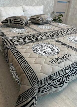 Покривало versace стьобане плюшеве на синтепоні євро з подушками в комплекті