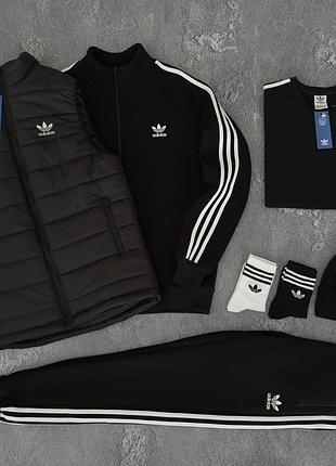 Мужской зимний спортивный костюм adidas черный набор адидас костюм жилет шапка футболка без капюшона утепленный m (b)