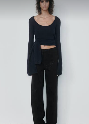 Темно-синій в'язаний светр з суміші вовни та альпаки (zara wool alpaca blend sash sweater).