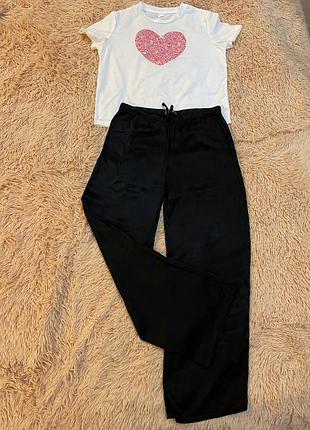 Футболка & атласні штани 🤍🖤