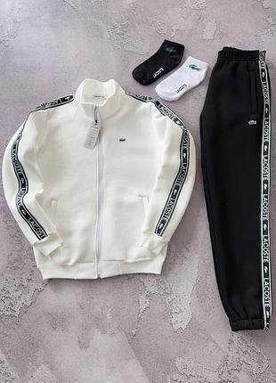 Мужской зимний спортивный костюм lacoste без капюшона белый набор лакост кофта брюки с лампасами (b)