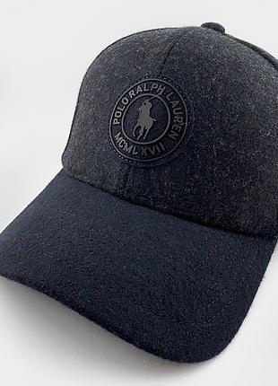 Чоловіча зимова бейсболка polo з італійської вовни з вухами (темно-сіра з чорним козирком)