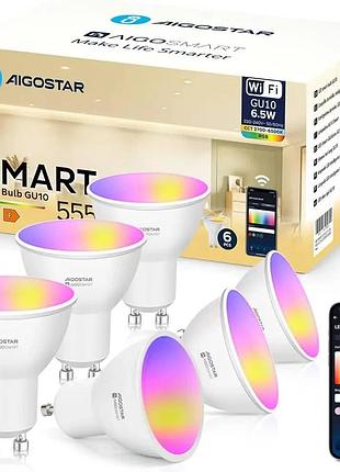 6 шт. розумні led-лампочки 6.5 вт aigostar smart led bulb gu10 555 lm світлодіодні лампочки з wi-fi керуванням
