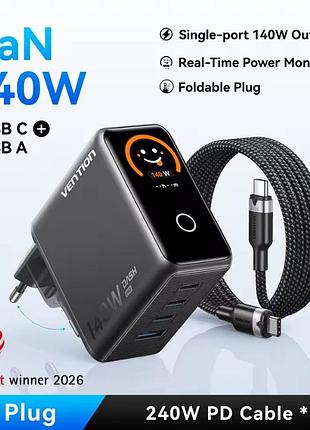 Зарядное устройство vention 140w gan 5.0 3c+1u с экраном (tz-fco) + кабель 240w