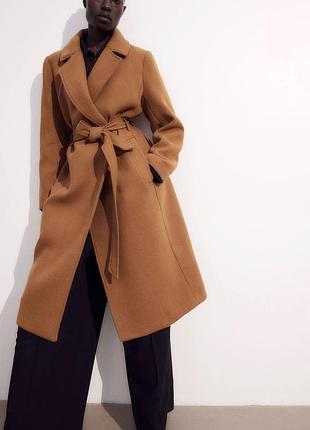 Довге коричневе двубортне пальто з поясом, h&m, eur 44