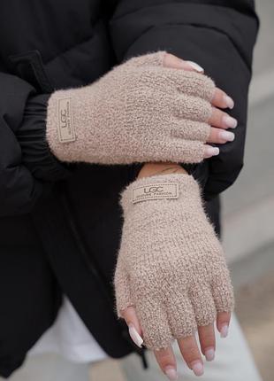 Женские теплые зимние маховые перчатки без пальцев 7-52а without ugc beige