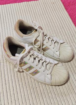 Кросівки жіночі adidas superstar білі з золотистими смужками