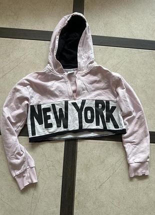 Худі укорочена на флісі  хс с рожева з чорним new york