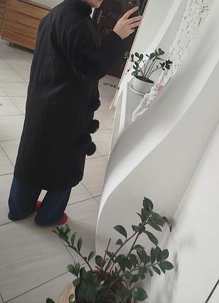 Пальто черное шерстяное с помпонами дизайнерское