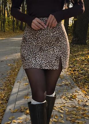 Юбка мини леопардовая 🐆 с разрезом на ножке ✨ shein 💋 короткая облегающая с принтом s-m🤎 леопардовая юбка 🤎 женская юбка
