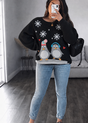 Свитер черный новогодний ❄️ с пайетками и пингвинами 🐧 f&amp;f 🎄 теплый оверсайз💙теплый женский мирер💙размер л/мин