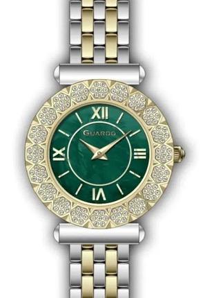 Женские часы guardo premium 012811-3 золотистый корпус с кристаллами комбинированный браслет зелёный циферблат