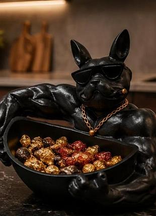 Статуэтка бульдог в очках с сигарой и чашей органайзером для хранения мелочей, ключей и украшений 28 см графит