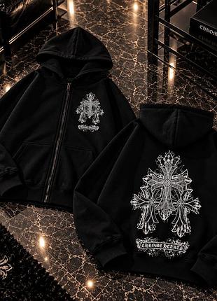 Худі унісекс chrome hearts zipped hoodie чорне оверсайз бавовна