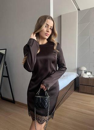 Сукня шовкова армані з мереживом коричнева та біла