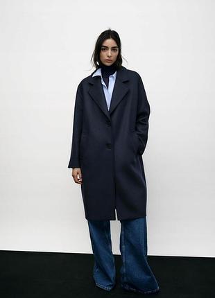 Пальто жіноче zara zw collection оверсайз темно-синє з вовною