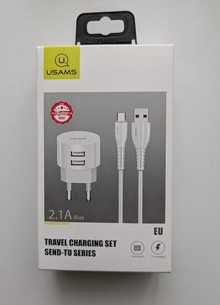 Зарядное устройство usams t20 (us-cc080) адаптер 2 выхода usb 2.1a white кабель type-c блок зарядки для телефона зарядка