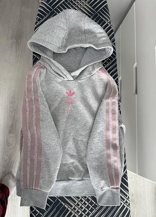 Худі для дівчинки adidas сіре з рожевими смужками 5-6 років
