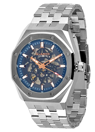 Чоловічий механічний годинник guardo royal sa03014-2 сталевий корпус водозахист 50 м синій скелетонований циферблат