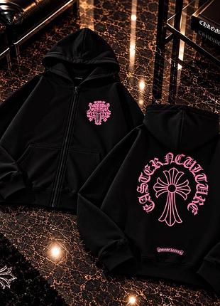 Худі chrome hearts на блискавці чорне з рожевим принтом