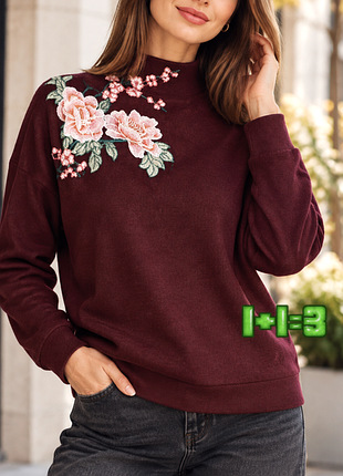💝1+1=3 стильный бордовый свитшот оверсайз с вышивкой new look, размер 46 - 48