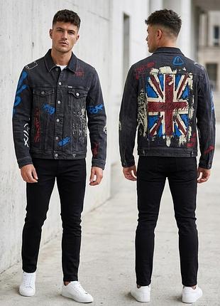 Джинсовая куртка guess dillon с граффити и принтом union jack (размер m)