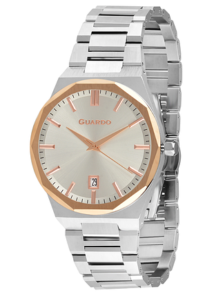 Чоловічий годинник guardo premium 012740-3 корпус із безелем рожеве золото сталевий браслет світлий циферблат з датою