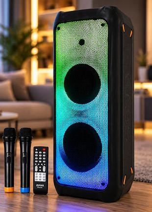 Портативна акустична система zpx zx-7779 400 вт / бездротова колонка з led-підсвіткою + 2 бездротові мікрофони