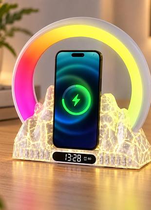 Багатофункціональний світильник з бездротовою зарядкою 15w / bluetooth-колонка + будильник та rgb-підсвічування