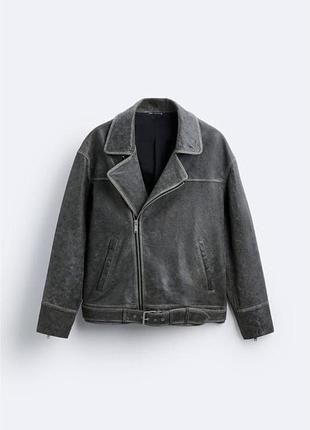 Куртка zara косуха натуральна шкіра сіра коричнева шкіряна