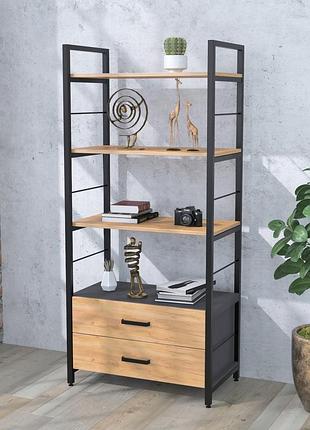 Стеллаж l-155 loft design дуб крафт золотой с ящиками, металлический каркас, 4 полки