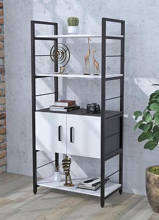 Стелаж l-155 loft design белый с дверцами, 4 полки, лдсп, черный каркас, для гостиной, офиса
