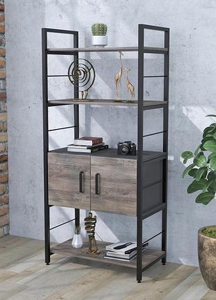 Стеллаж l-155 loft design дуб палена з дверцятами, металевий каркас, полиці дсп 18 мм, чорний матовий