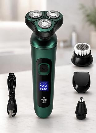Бритва 4в1 shaver 9d / електробритва чоловіча з акумулятором зелена 5вт/ мультифункціональна бритва 4 в 1 для бороди та вусів